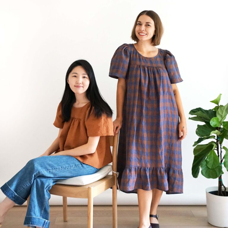 model wearing matchy matchy champagne field dress and top sewing patterns