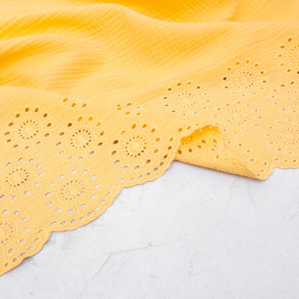 Broderie Double Gauze Fabric with Scalloped Edge in Butter Yellow