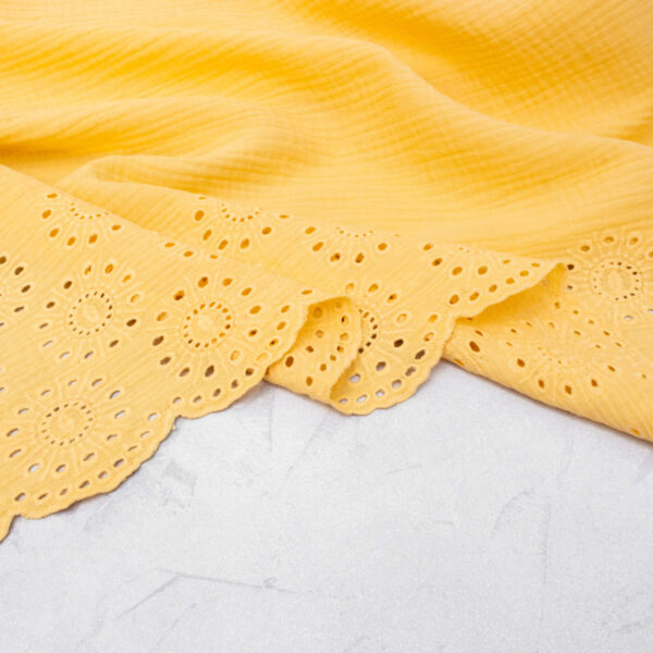 Broderie Double Gauze Fabric with Scalloped Edge in Butter Yellow