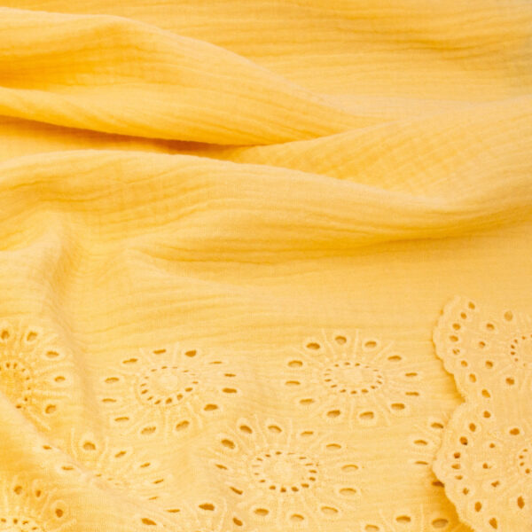 Broderie Double Gauze Fabric with Scalloped Edge in Butter Yellow